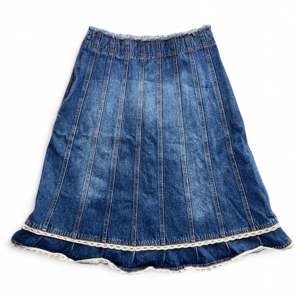 Vintage‎ Y2K Denim Midi Skirt w/ Lace Size Medium Boho Cottage Western